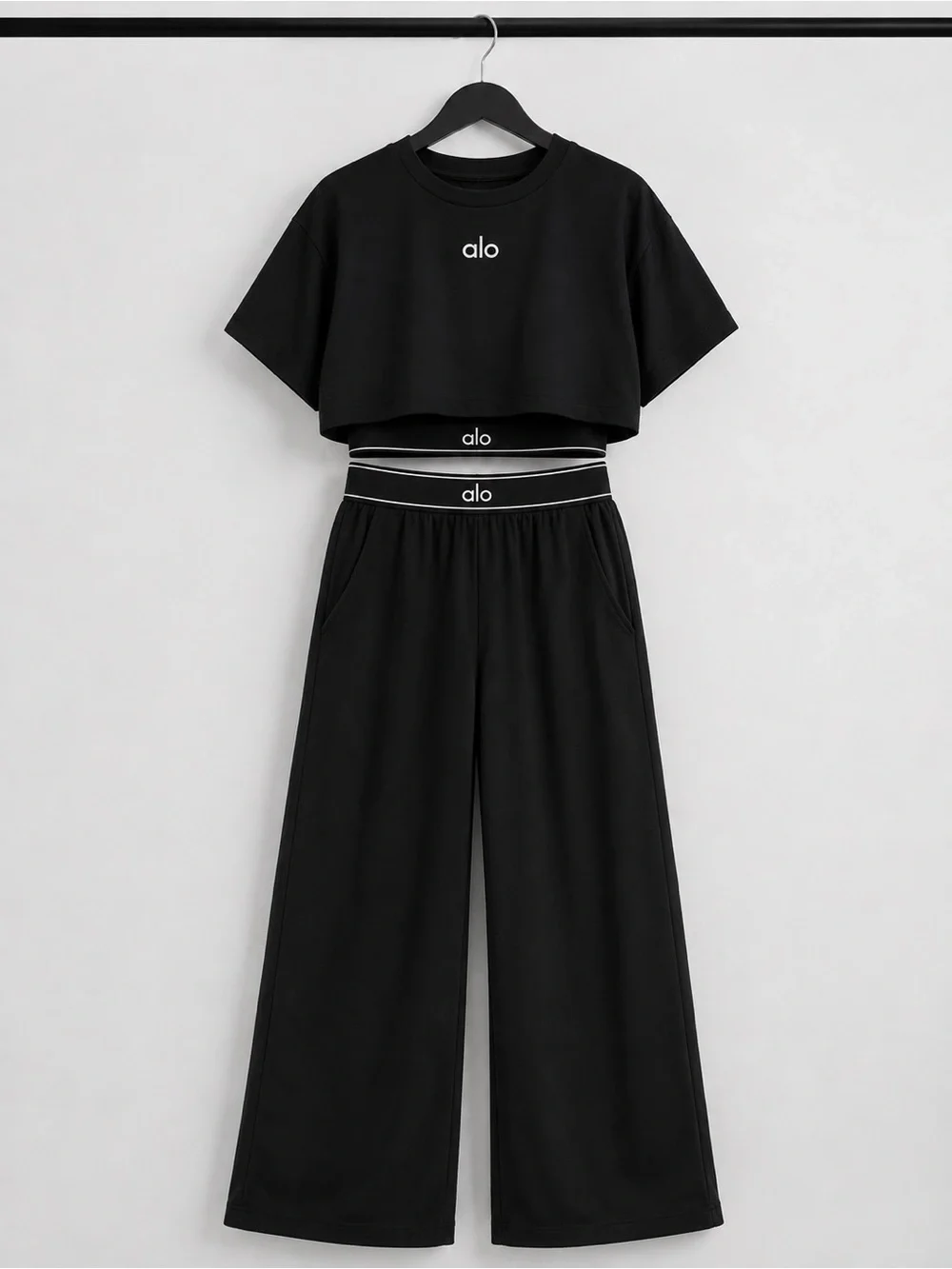 Women’s Black 3-Piece Athleisure Set Wide Leg Pants Crop Top XXL 18-20